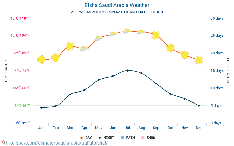 Bisha - Average Monthly temperatures and weather 2015 - 2024 Average temperature in Bisha over the years. Average Weather in Bisha, Saudi Arabia. hikersbay.com